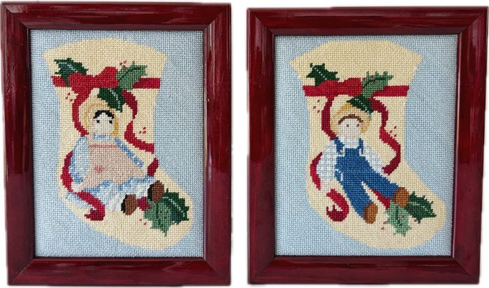 Framed Vintage Holiday Amish Doll Stocking Needlepoint Art Set