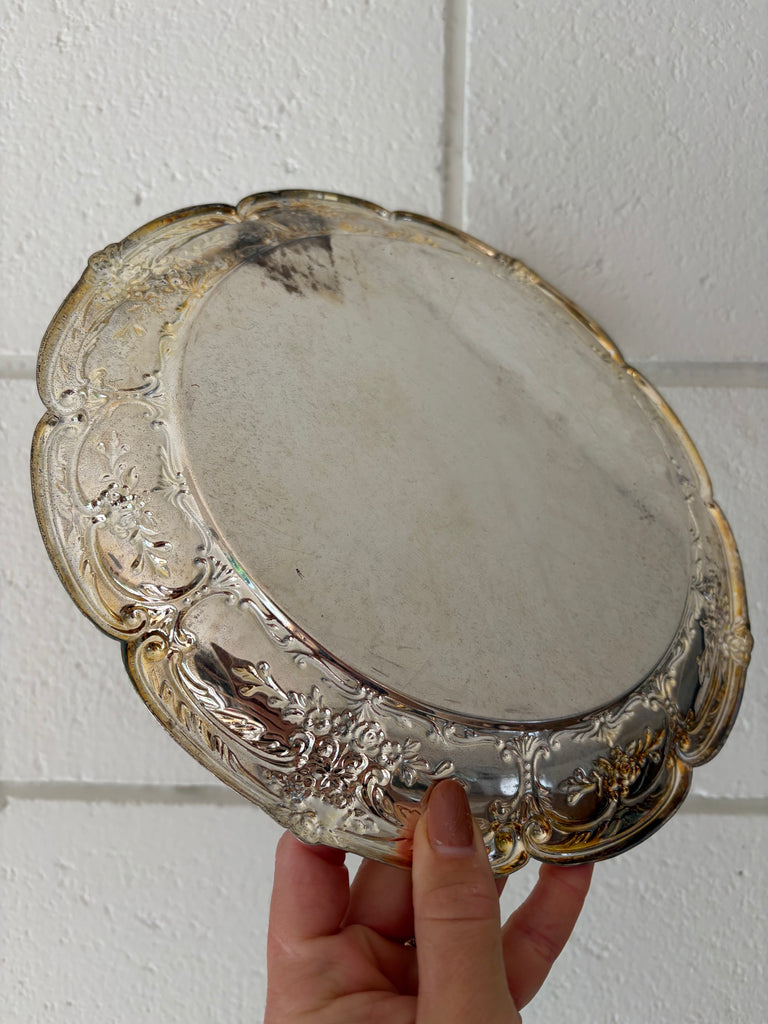 Scalloped Silver Ornate Round Mirror Tray