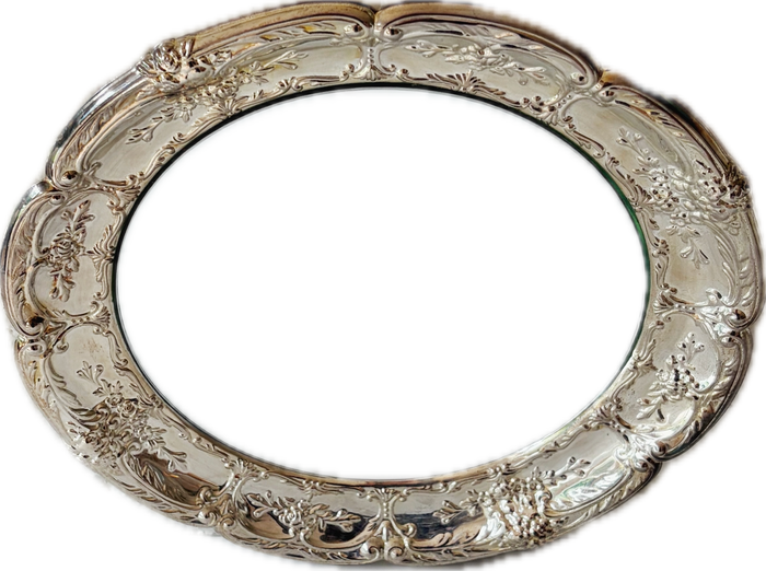 Scalloped Silver Ornate Round Mirror Tray