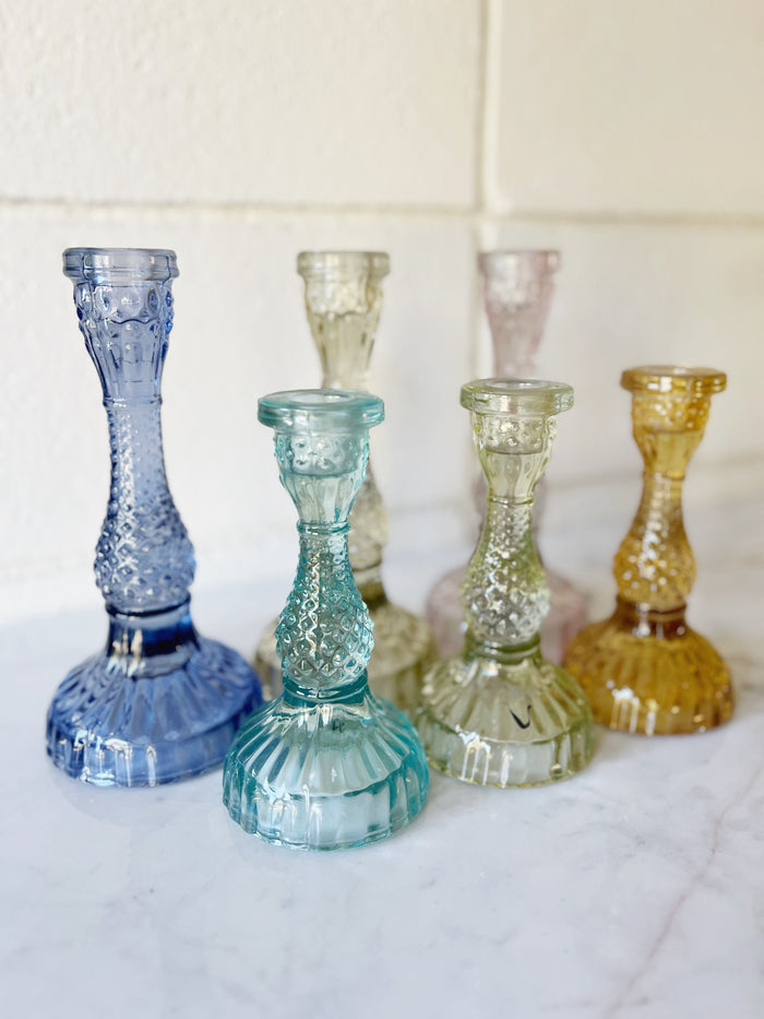 Set of Six Colored Glass Candlestick Holders