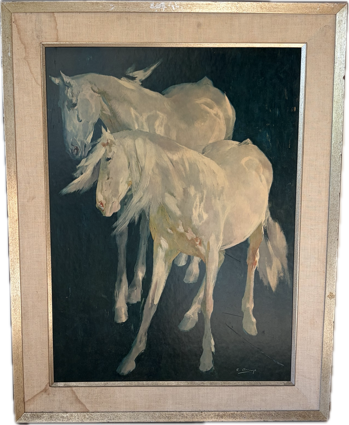 Framed Ricardo Arenys Horses Lithograph “Horses Against Blue Background” Wall Art