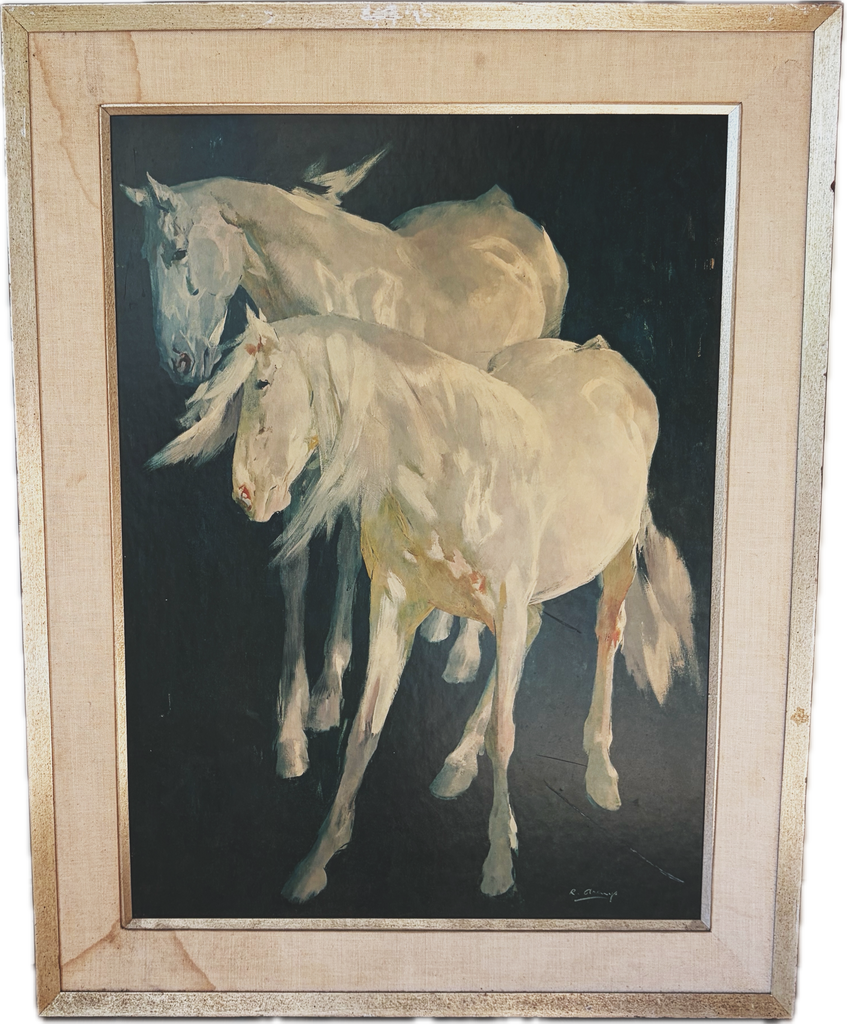 Framed Ricardo Arenys Horses Lithograph “Horses Against Blue Background” Wall Art
