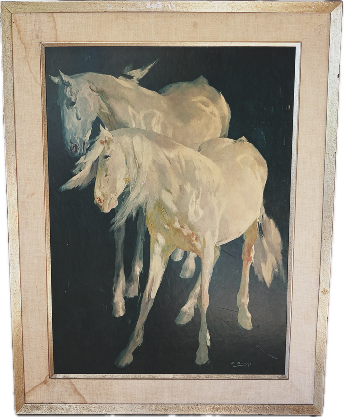 Framed Ricardo Arenys Horses Lithograph “Horses Against Blue Background” Wall Art