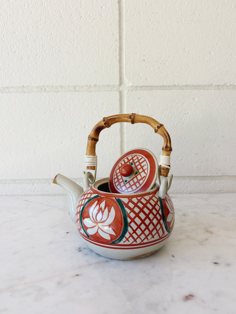 Hand-painted Lotus Ceramic Teapot with Bamboo Handle