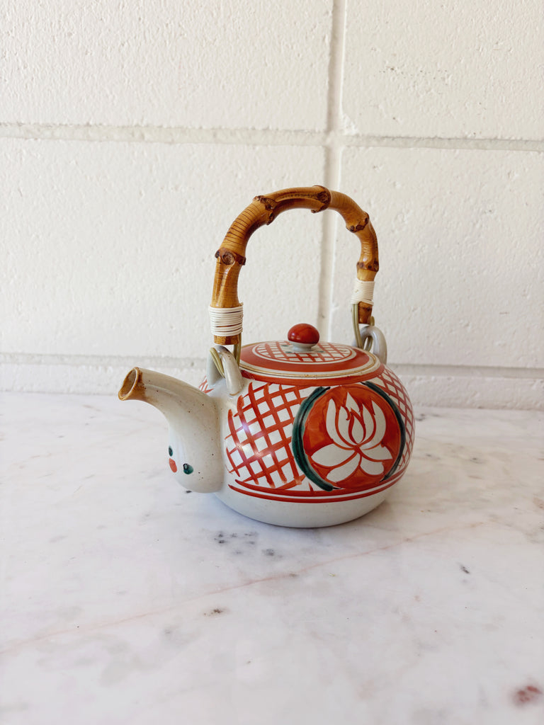 Hand-painted Lotus Ceramic Teapot with Bamboo Handle
