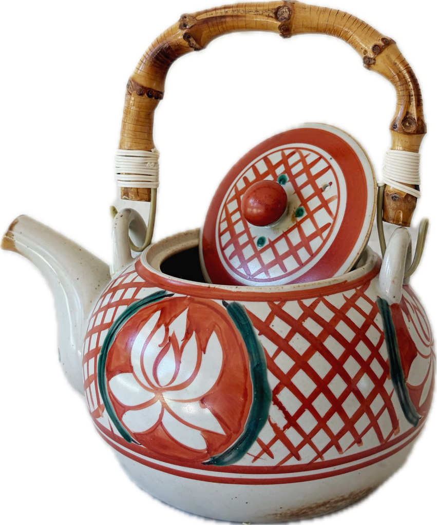 Hand-painted Lotus Ceramic Teapot with Bamboo Handle