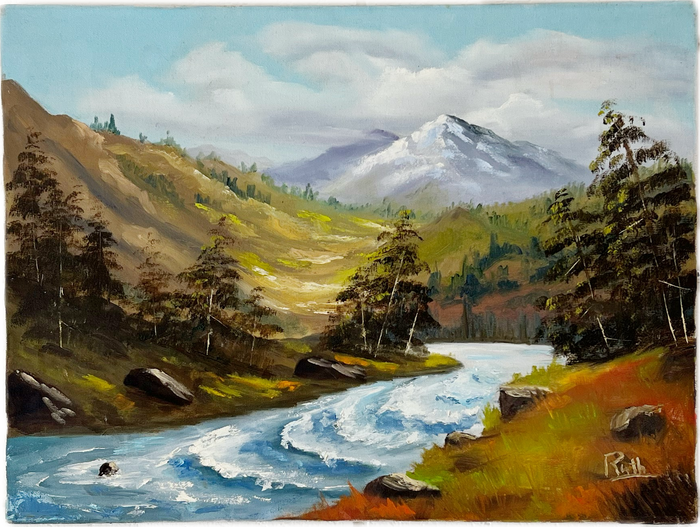 Signed Original Painting Mountain Stream Canvas