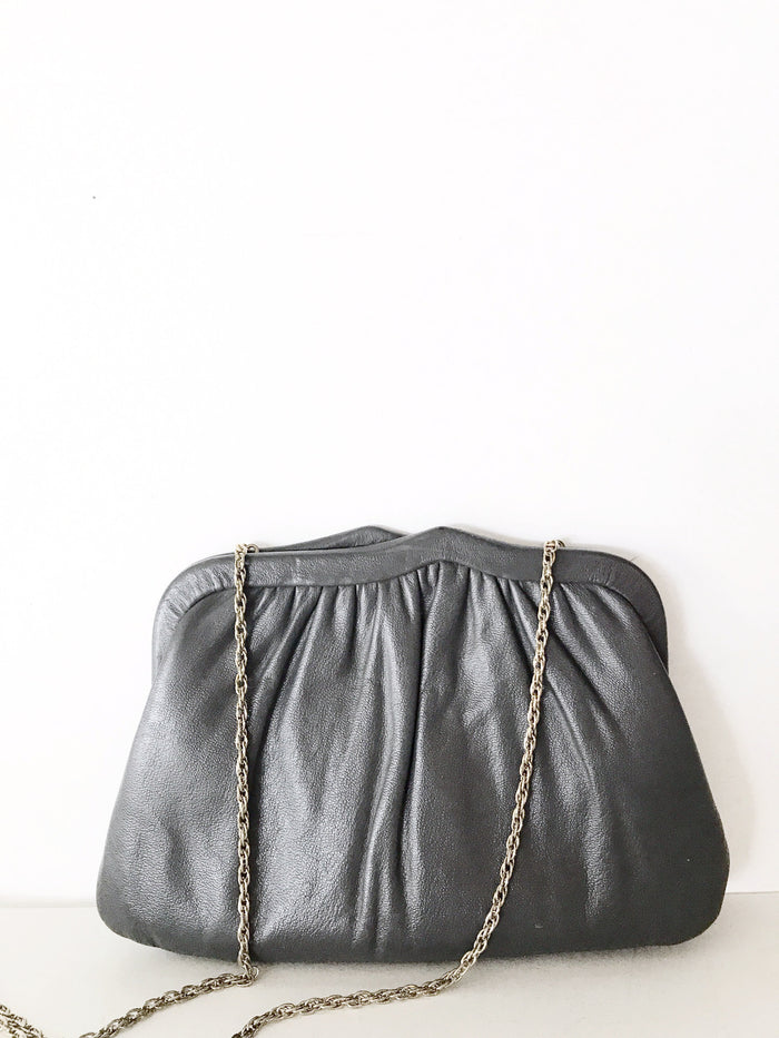 Grey leather clutch with chain strap